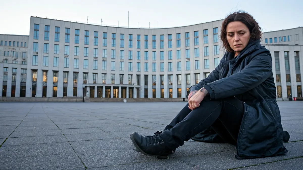 Imaxe dunha muller sentada fronte a un edificio administrativo en protesta.