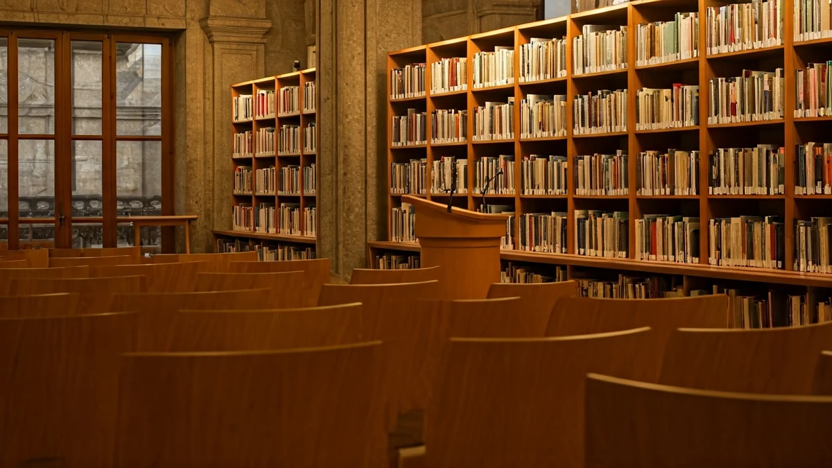 Imaxe xenérica dunha presentación de libro nunha biblioteca.