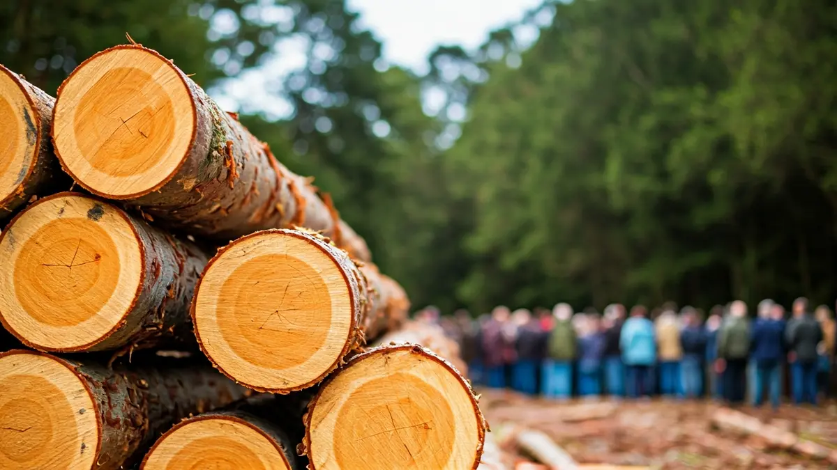 Imaxe xenérica de troncos de eucalipto apilados nunha zona forestal.