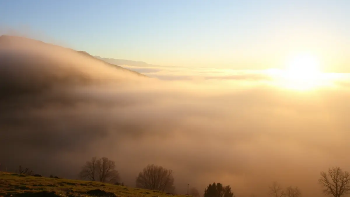 Imagen genérica de un paisaje con niebla al amanecer, con el sol asomando.