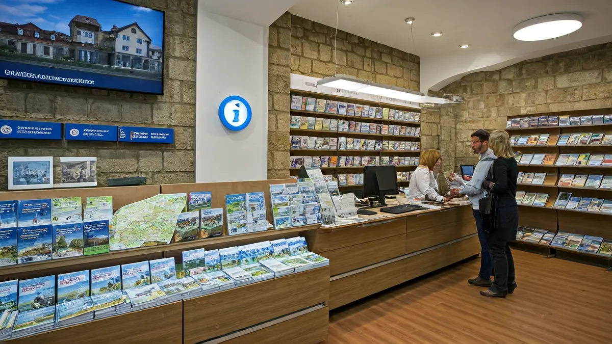 Imaxe dunha oficina de turismo con folletos e mapas