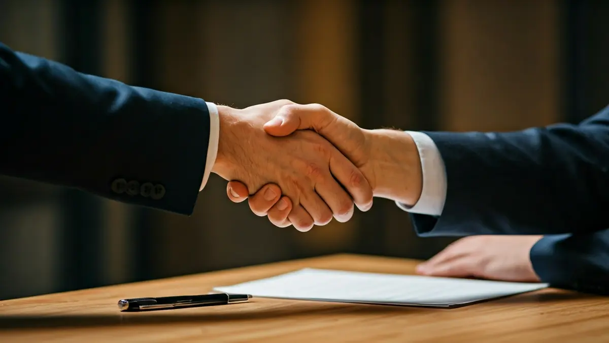 Imaxe xenérica de dúas mans estreitándose sobre unha mesa, simbolizando un acordo ou negociación.