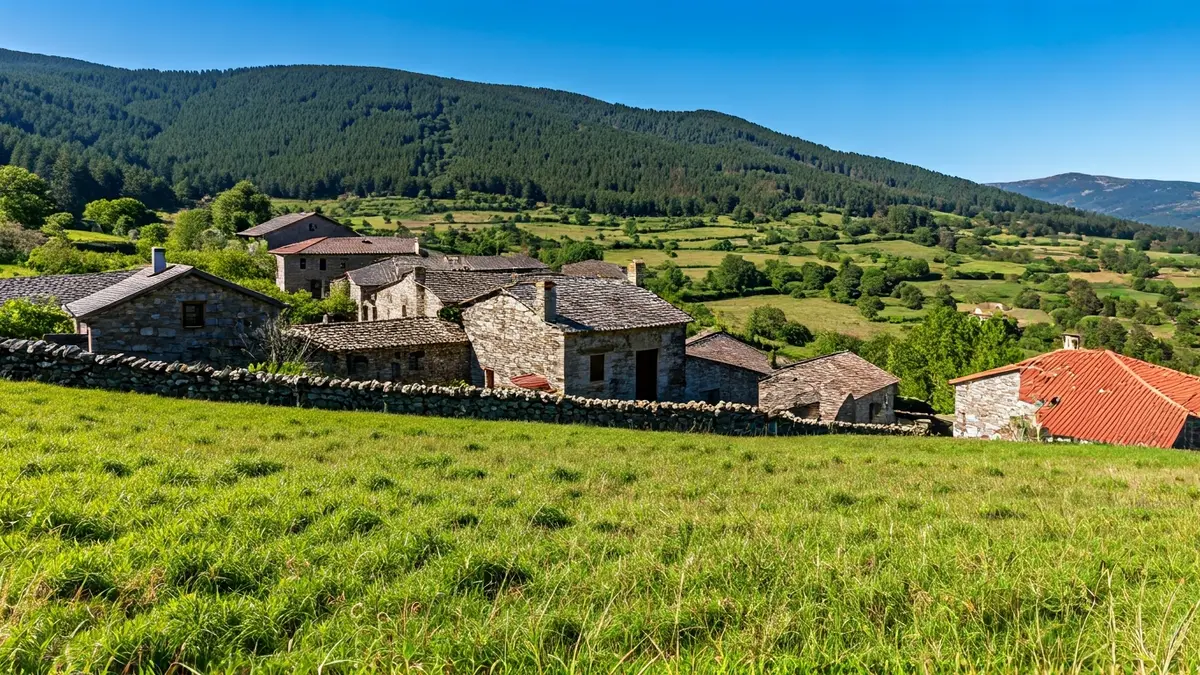 Imagen de una pequeña aldea gallega de montaña, evocando un ambiente rural y científico.