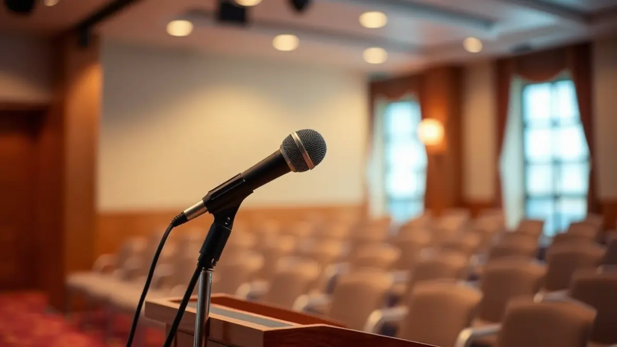 Imaxe xenérica dun micrófono nun podio, simbolizando un anuncio ou presentación.