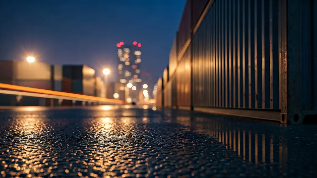 Imaxe dun contedor de transporte nun porto ao anoitecer, con luces da cidade difuminadas ao fondo.