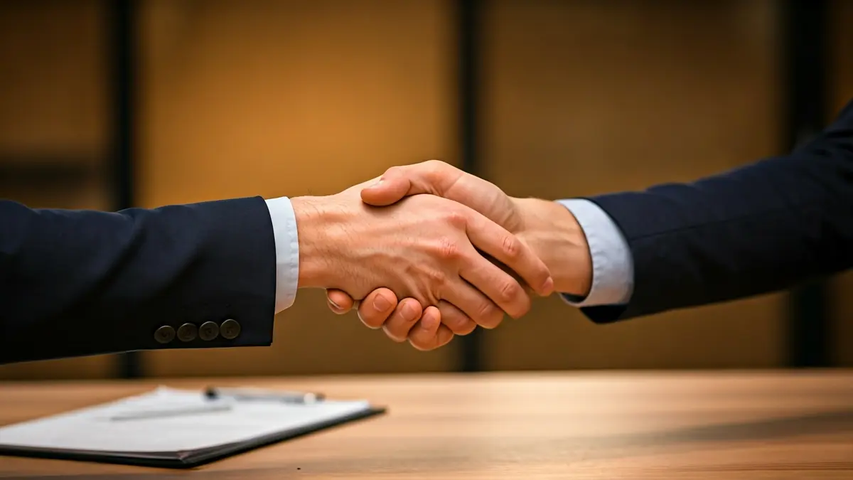 Imagen genérica de dos manos estrechándose sobre un escritorio, simbolizando la cooperación.