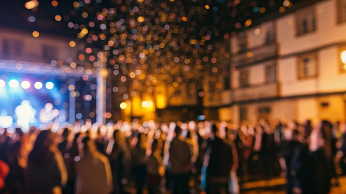 Imaxe xenérica dunha verbena galega nocturna con luces e xente.