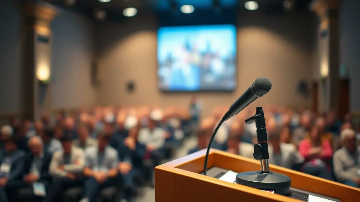 Imaxe xenérica dun micrófono nun podio, simbolizando unha conferencia ou discurso.