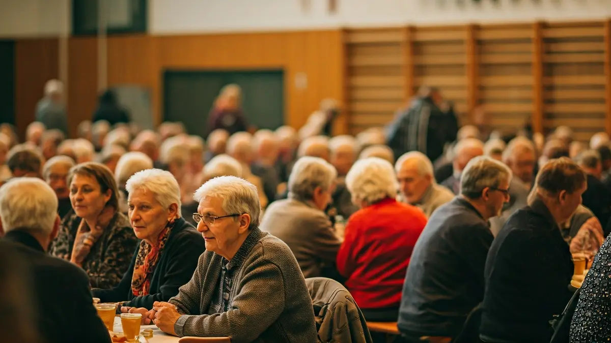 Imagen genérica de una celebración comunitaria con personas mayores en un pabellón deportivo.