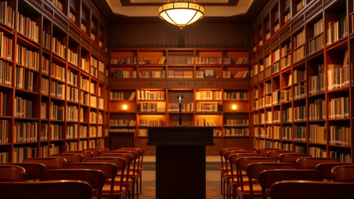 Imagen genérica de una sala de premios literarios, con estanterías de libros y un podio.