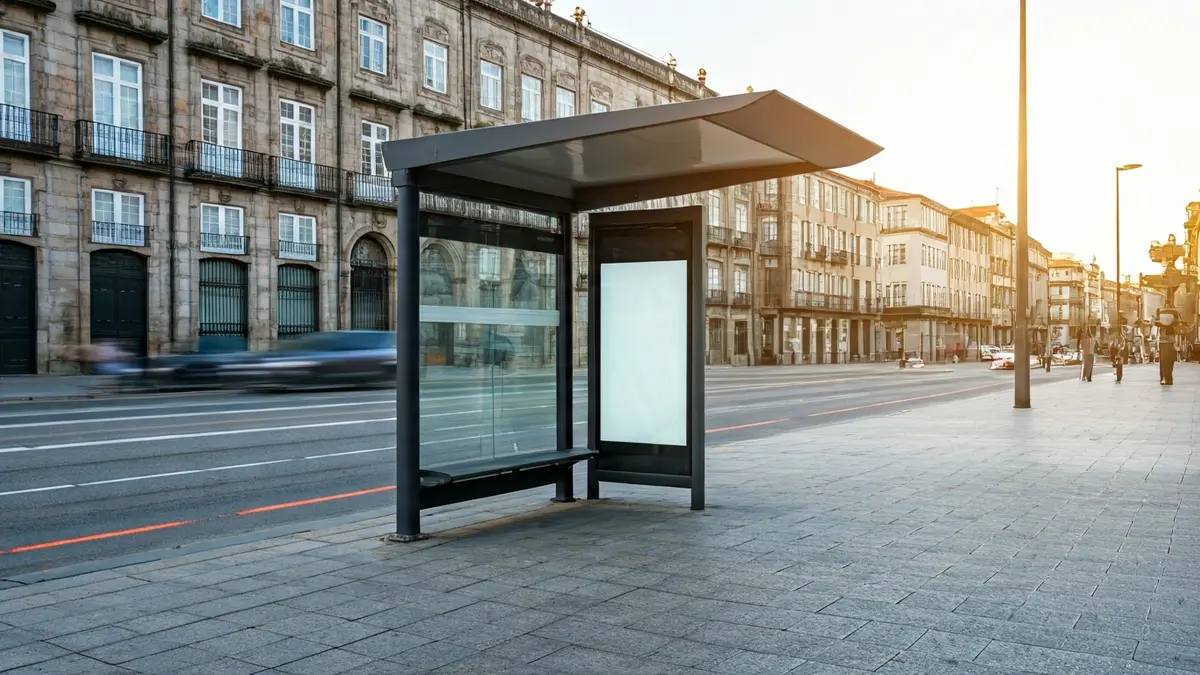 Imaxe xenérica dunha marquesiña de autobús moderna nunha rúa urbana.