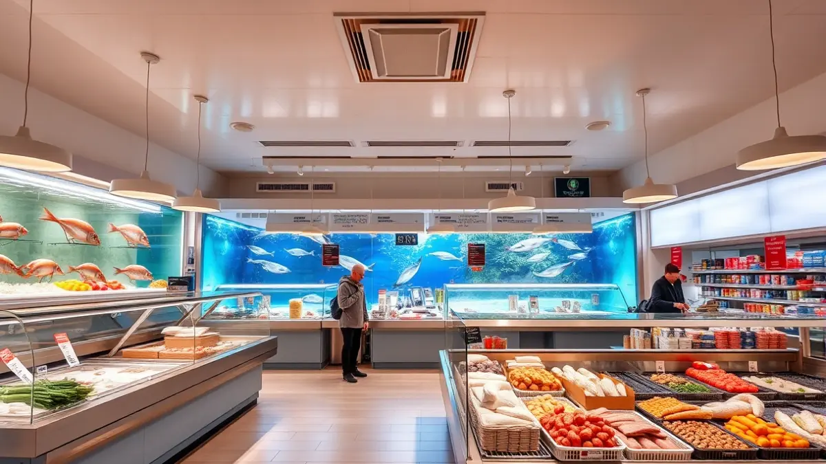 Imagen de una pescadería moderna con acuario y productos frescos.