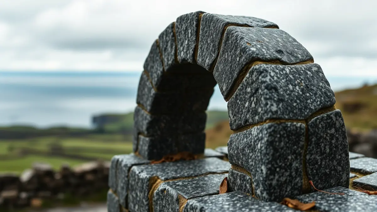 Imaxe xenérica dun hórreo galego de granito, coa paisaxe atlántica de fondo.