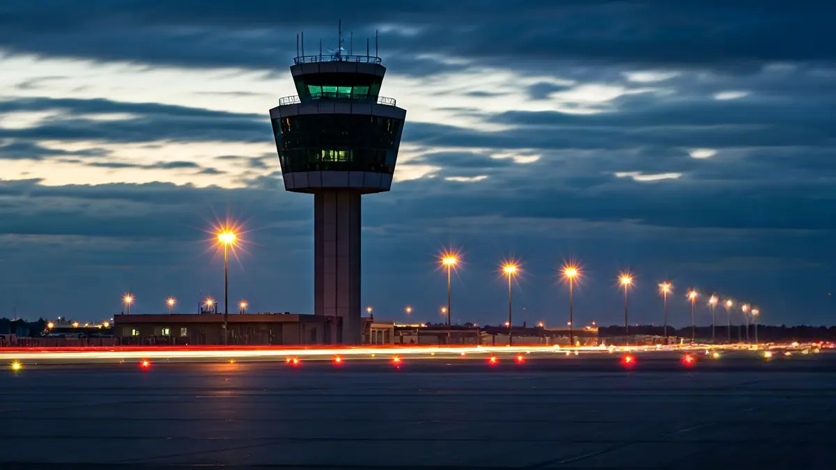 Imaxe xenérica dunha torre de control de aeroporto ao anoitecer, con luces de avións borrosas na pista.