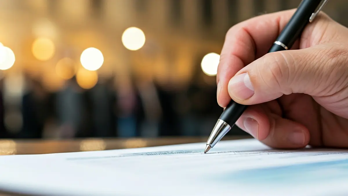 Imaxe xenérica dunha man cun bolígrafo sobre un formulario de impostos, simbolizando a declaración da renda.