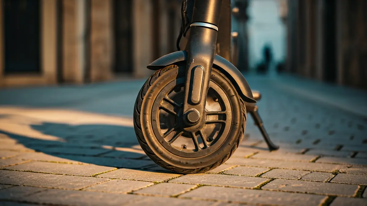Imagen genérica de una rueda de patinete eléctrico en una calle empedrada.