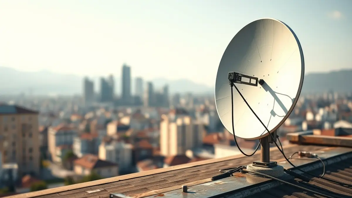 Imaxe dunha antena parabólica nun tellado coa cidade de Vigo ao fondo, simbolizando a comunicación cuántica.