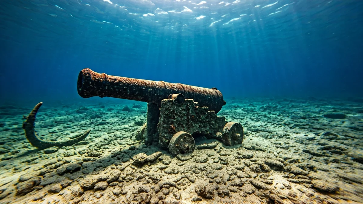 Imaxe subacuática de canóns e áncoras antigas no leito mariño.