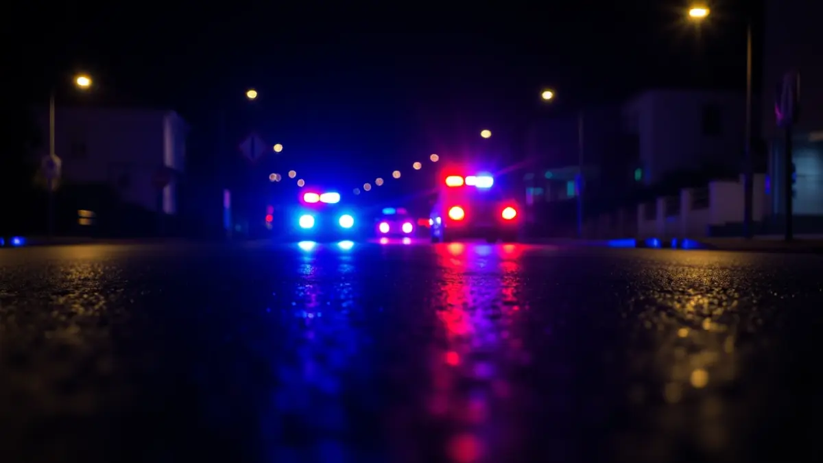 Imaxe xenérica de luces de emerxencia reflectíndose sobre asfalto mollado pola noite.