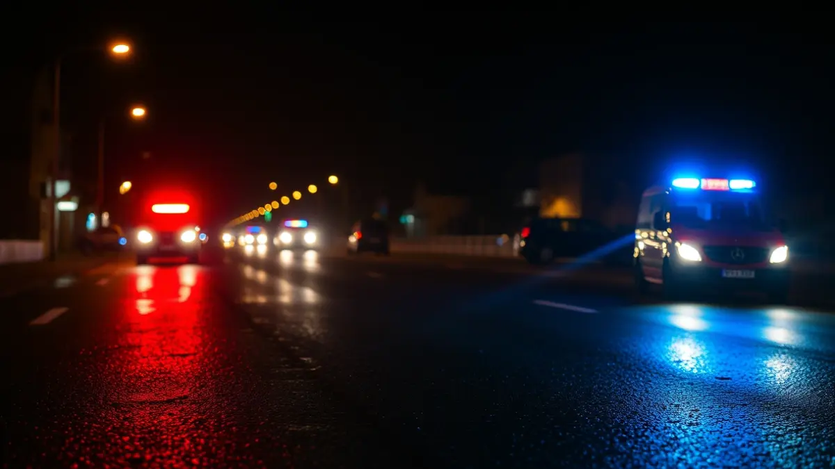 Imaxe xenérica de luces de emerxencia reflectíndose sobre asfalto mollado nunha vila costeira galega.