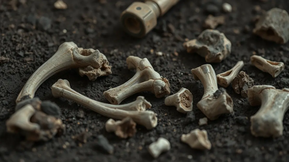 Restos óseos fragmentados nun xacemento arqueolóxico.
