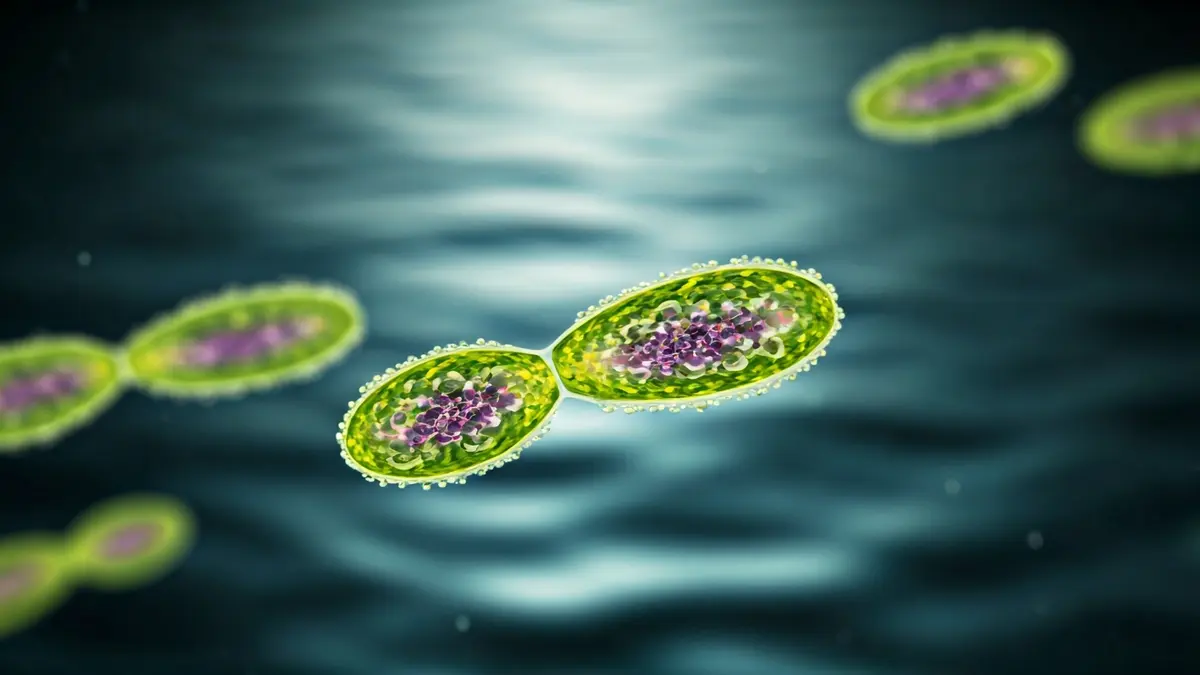 Imaxe xenérica de células de fitoplancto vistas a través dun microscopio.