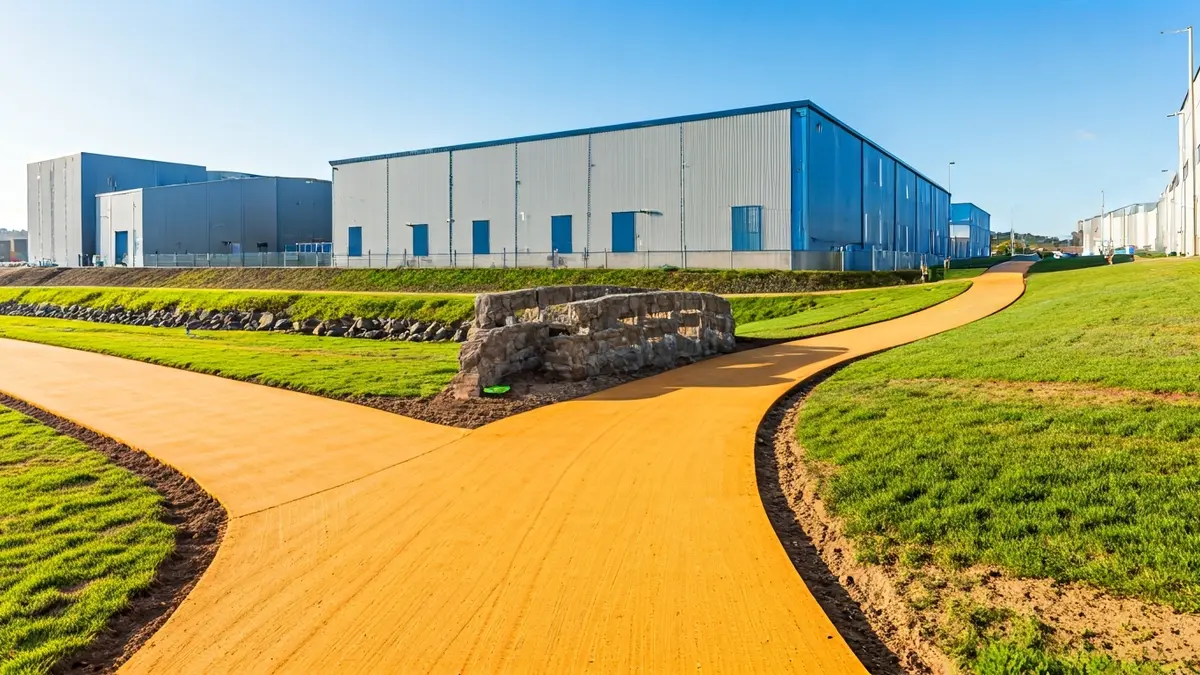 Imaxe dun novo tramo do Camiño Inglés en Cabanas, cunha senda de terra estabilizada e unha pontella de pedra.