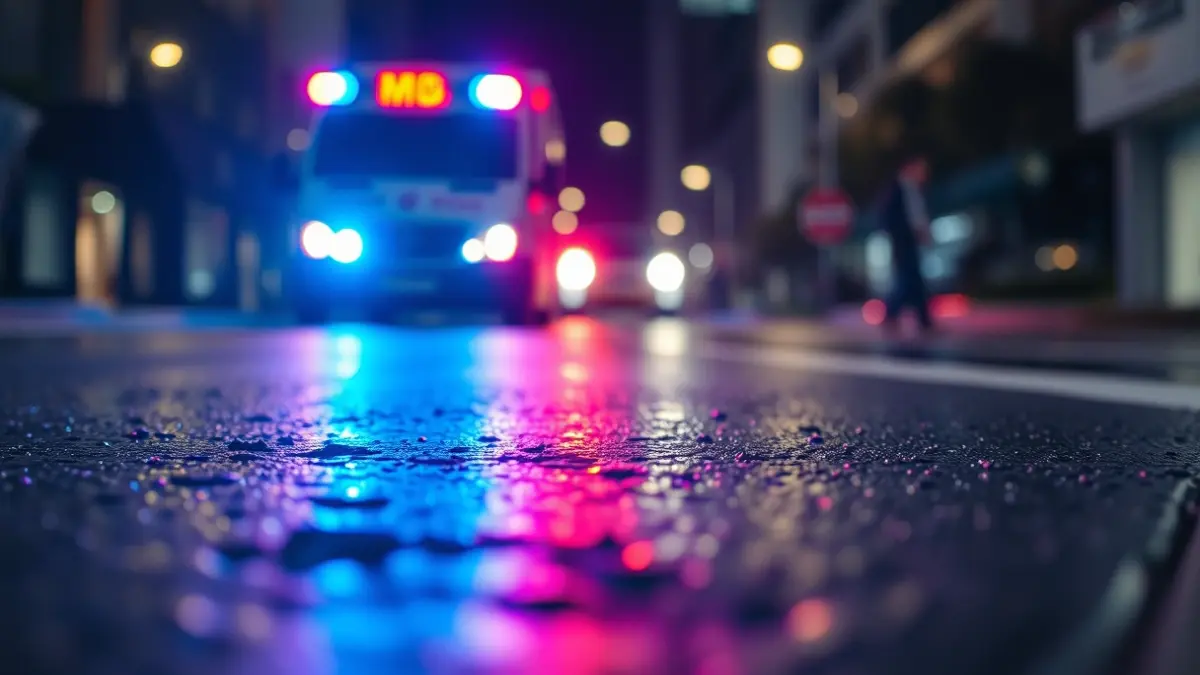 Imagen genérica de luces de emergencia de una ambulancia reflejándose en el asfalto mojado.