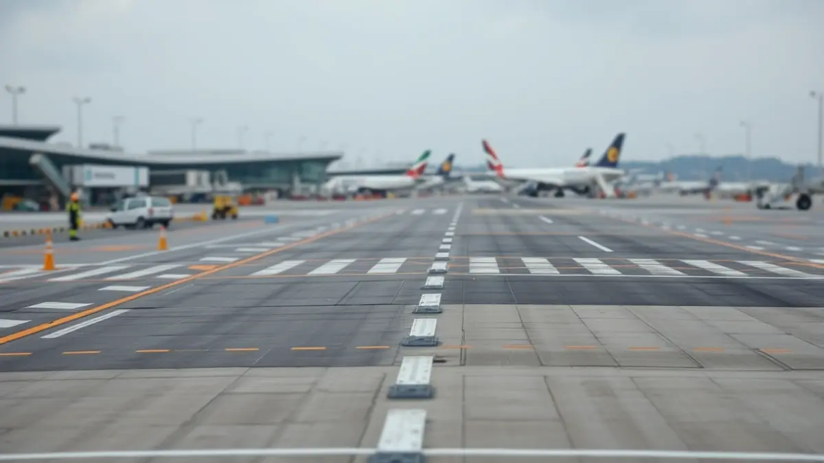 Imaxe dunha pista de aeroporto en reparación, con maquinaria de construción.