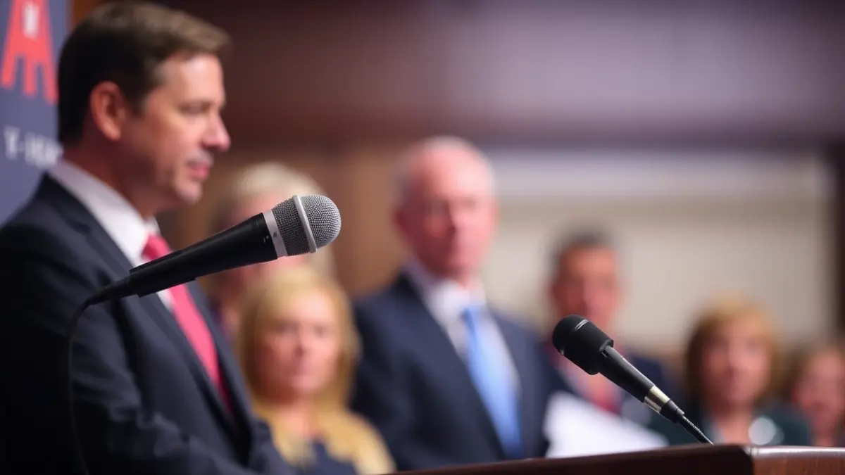 Imaxe xenérica dun micrófono nun podio, representando un anuncio político.