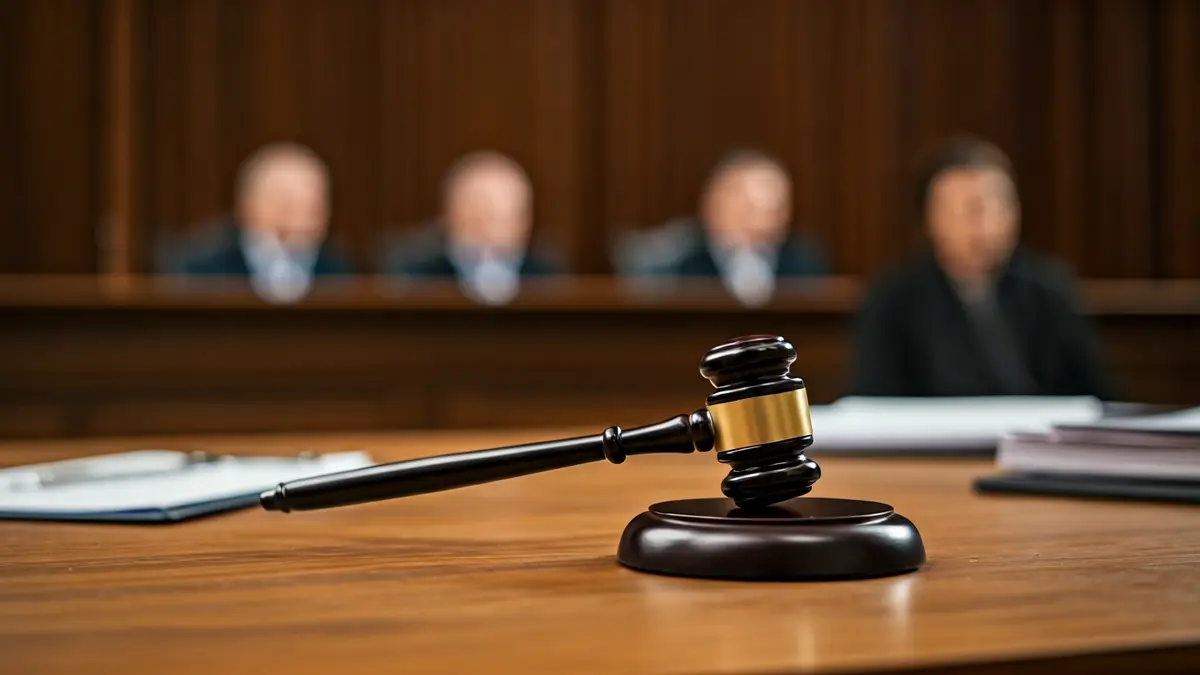 Imaxe xenérica dun mazo de xuíz sobre unha mesa de madeira, simbolizando un proceso xudicial.