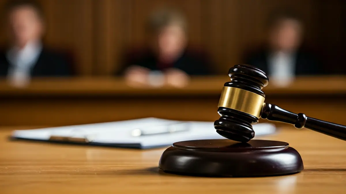 Imaxe xenérica dun mazo de xuíz sobre unha mesa de madeira nun xulgado.