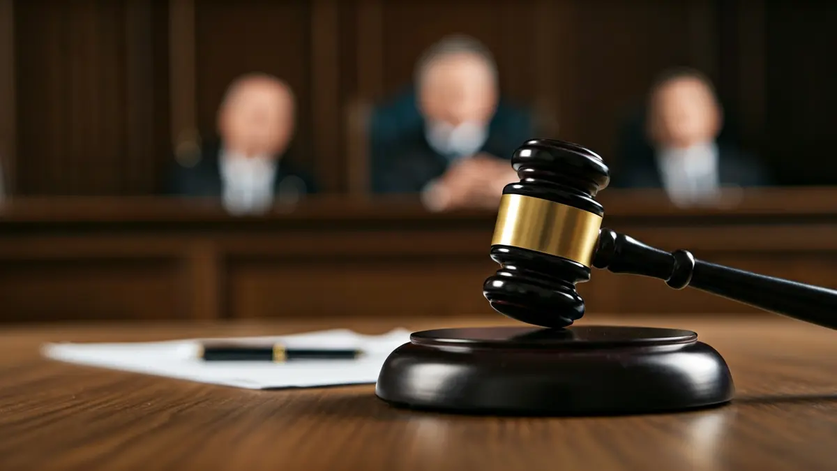 Imaxe xenérica dun mazo de xuíz sobre unha mesa de madeira, simbolizando un proceso xudicial.