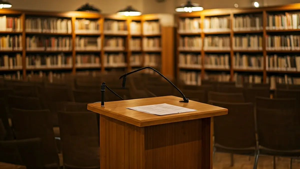 Imagen genérica de una sala de actos o biblioteca, con estantes de madera y un micrófono en un podio.