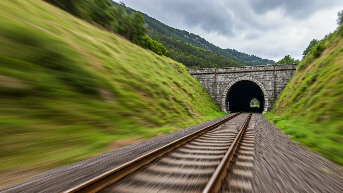 Imagen de una vía de tren de alta velocidad entrando en un túnel en un paisaje gallego.