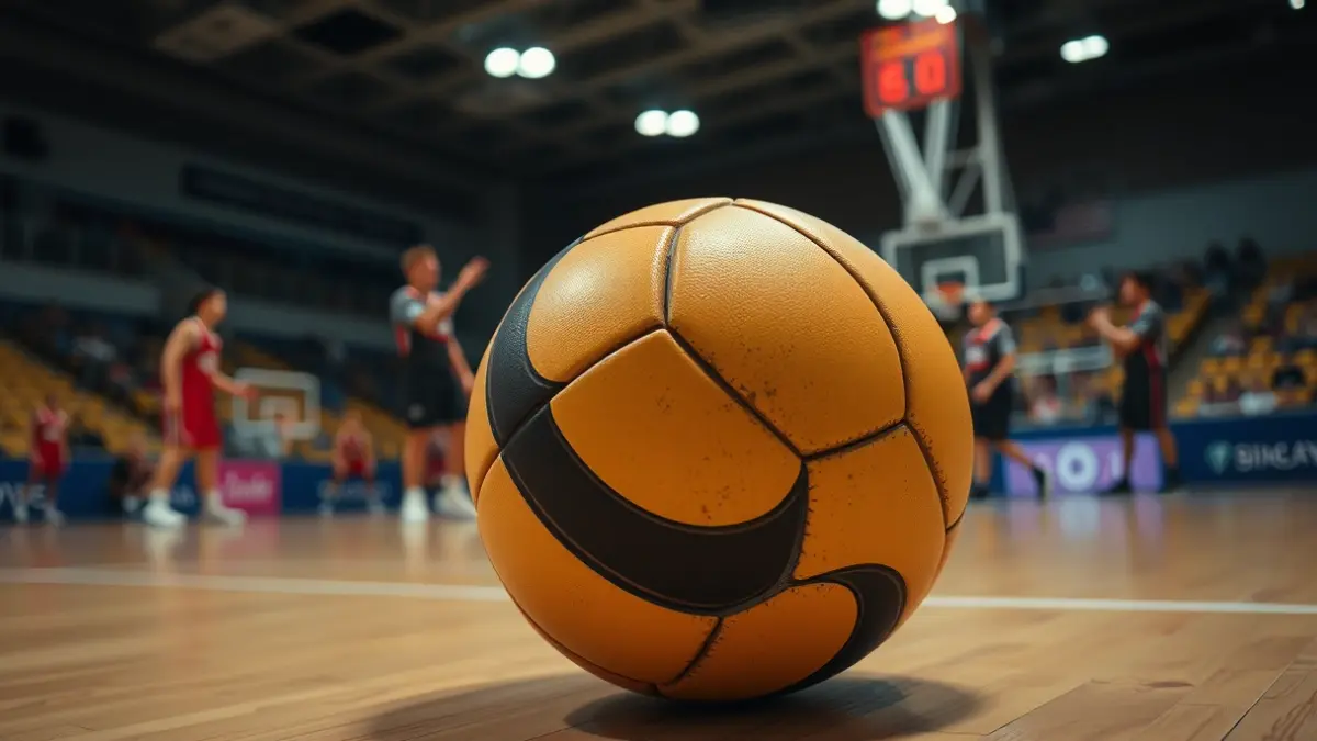 Imaxe xenérica dun balón de balonmán nunha cancha, con xogadores difuminados ao fondo.