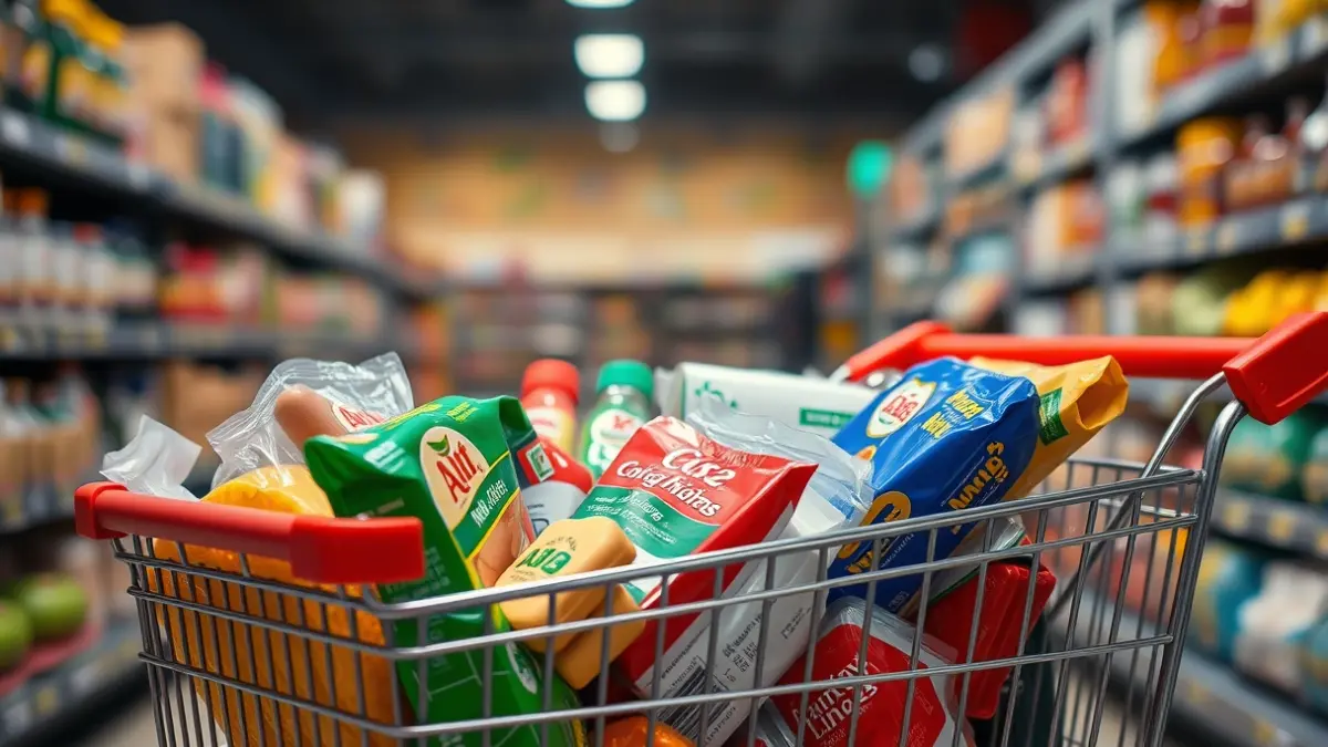 Imaxe xenérica dun carro da compra cheo de alimentos nun supermercado.