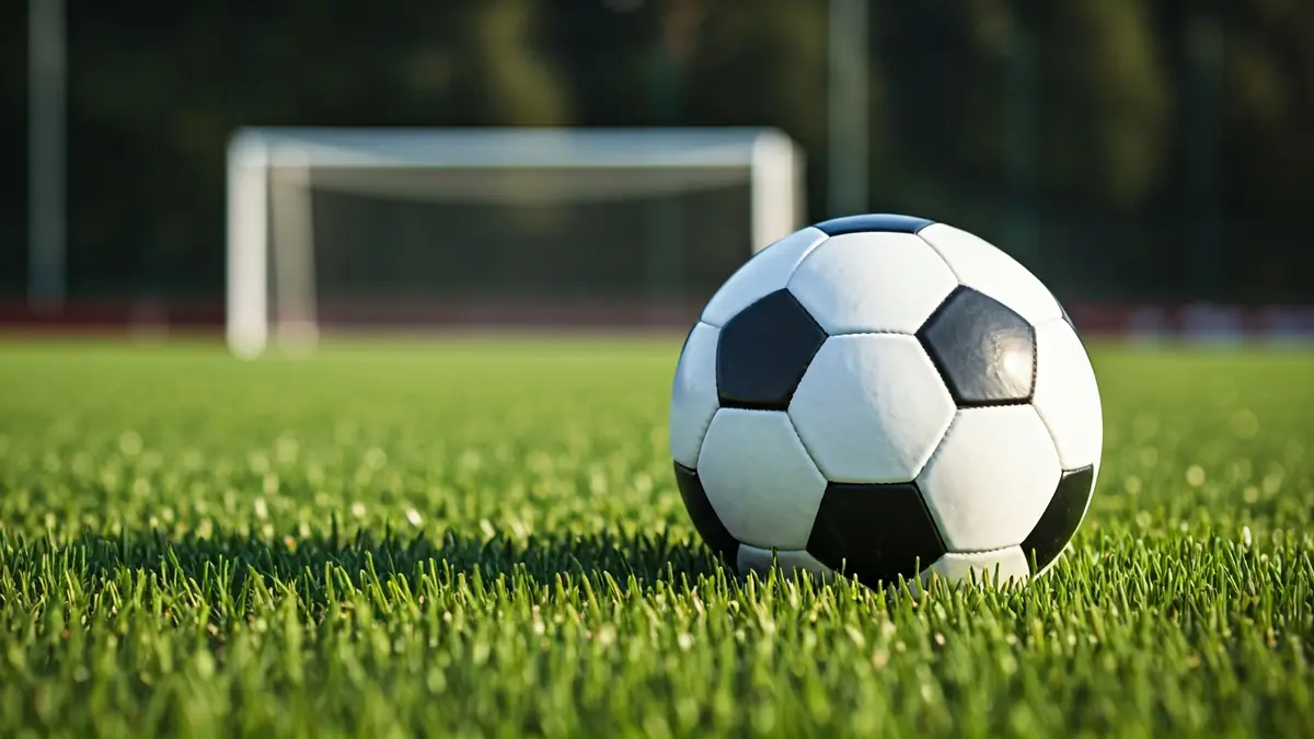 Imaxe xenérica dun balón de fútbol sobre herba verde, coa portería ao fondo.