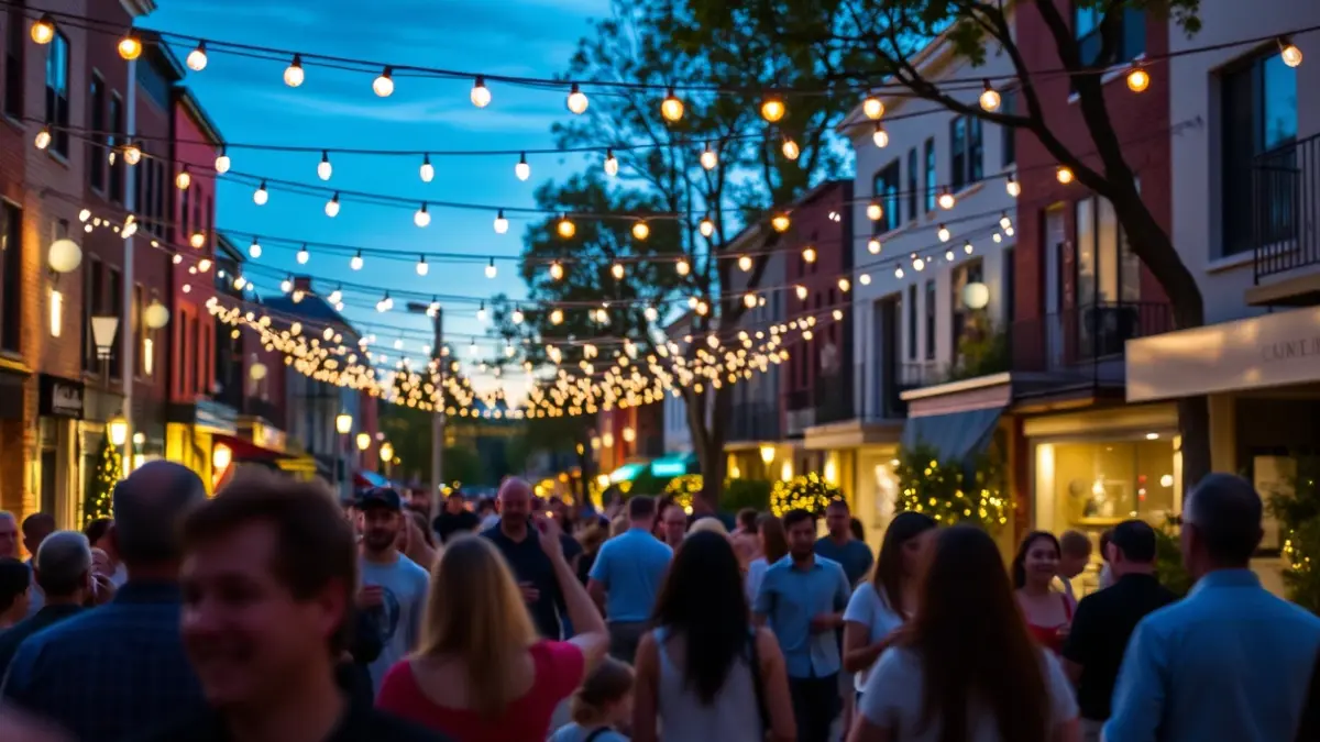 Imagen genérica de una fiesta de barrio al anochecer, con luces y gente.