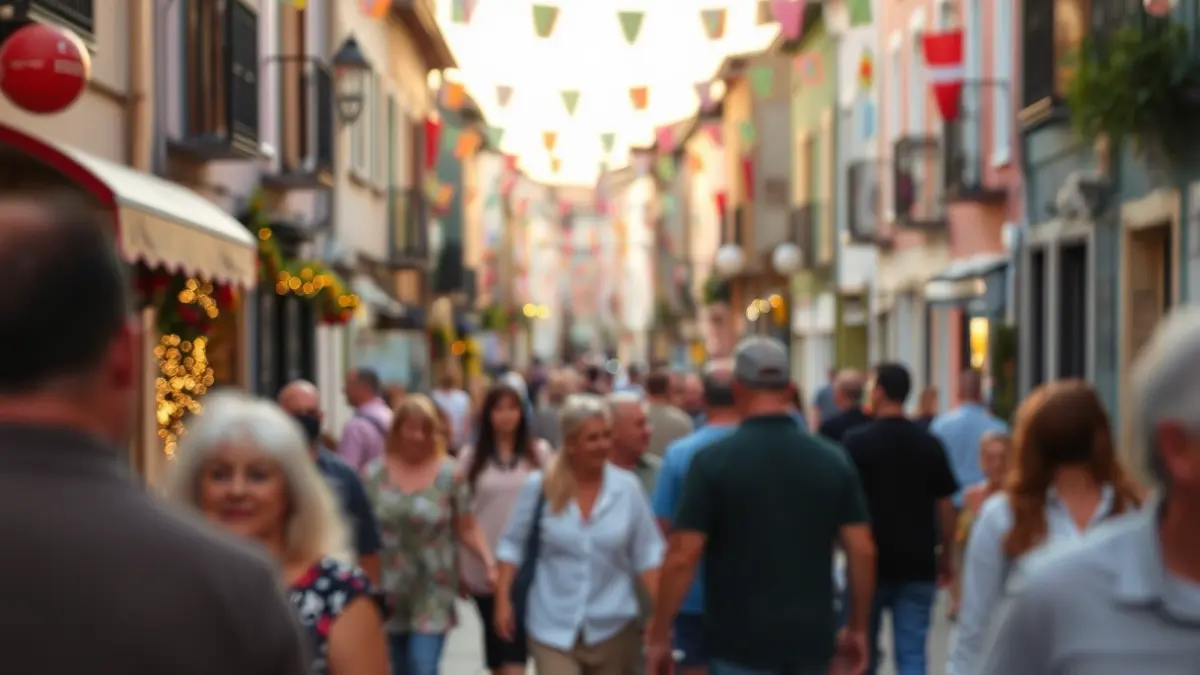Imaxe xenérica dunha rúa engalanada para festas nun barrio galego.