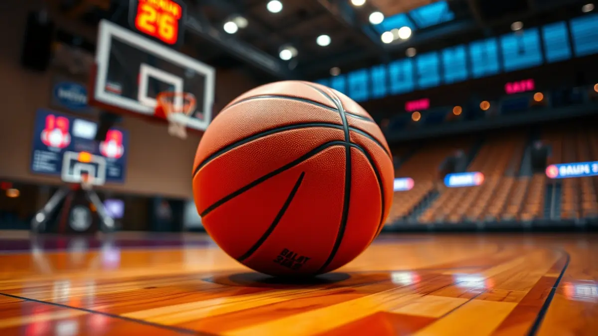 Imaxe xenérica dun balón de baloncesto nunha cancha de madeira.