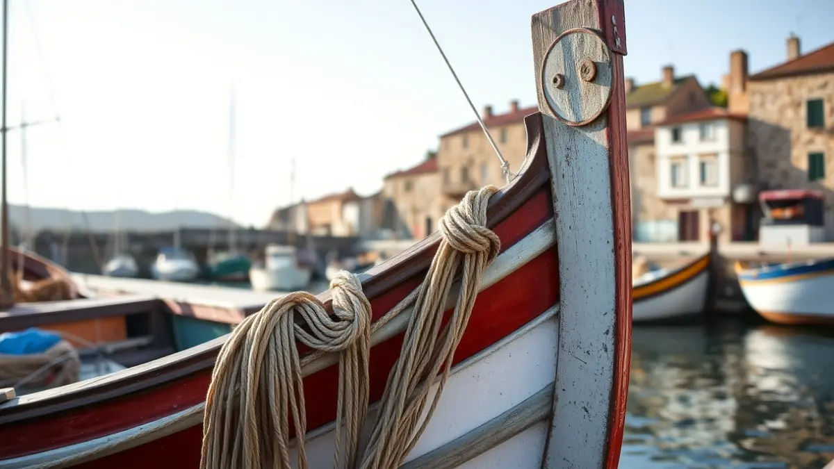 Imagen de una dorna, embarcación tradicional gallega, con redes de pesca en un puerto costero.
