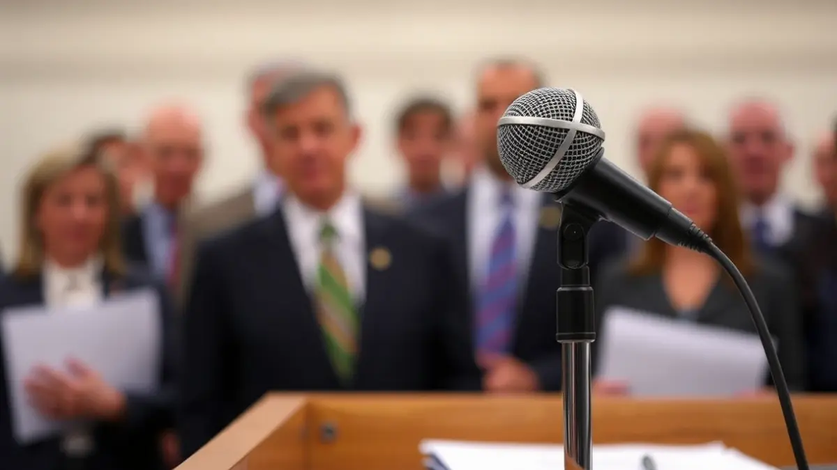 Imaxe xenérica dun micrófono nun podio, representando unha declaración política.