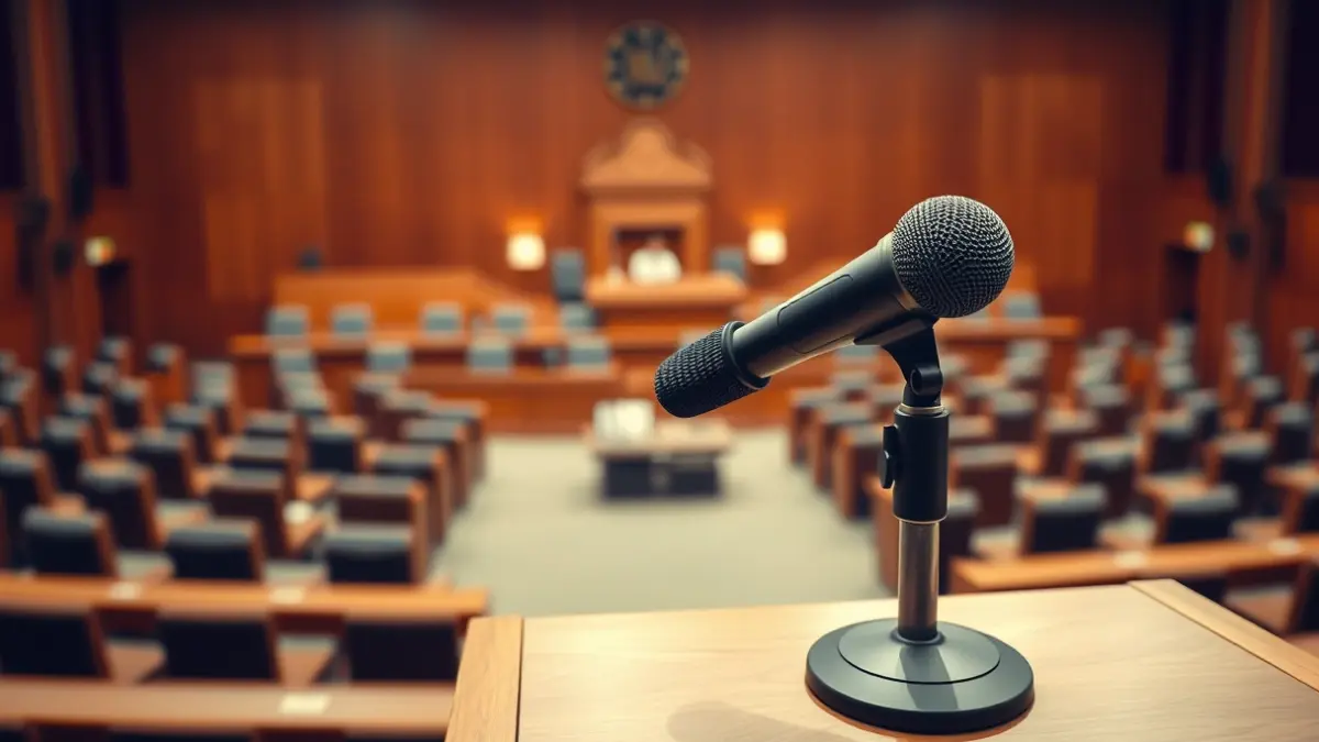 Imagen genérica de un micrófono en un podio en una sala de plenos municipal.