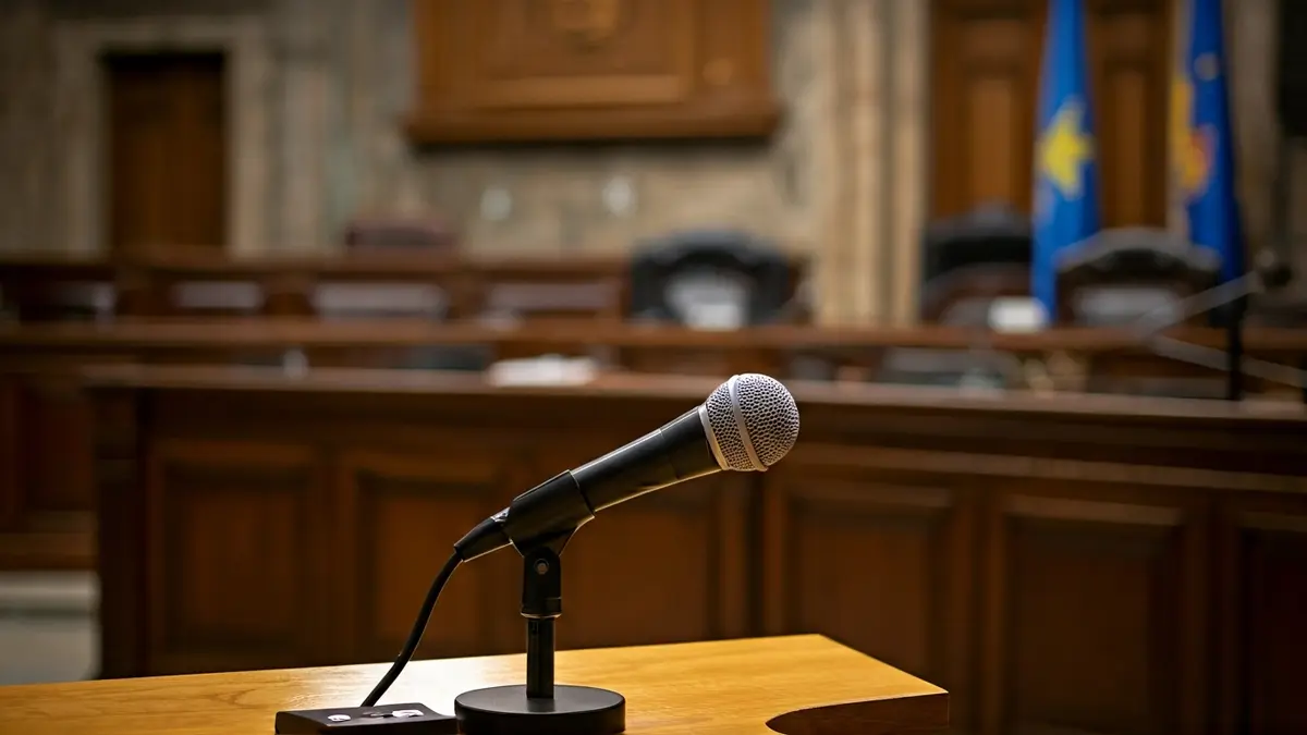 Imaxe xenérica dun micrófono nun atril nun salón de plenos baleiro, suxerindo un espazo de reunión formal.