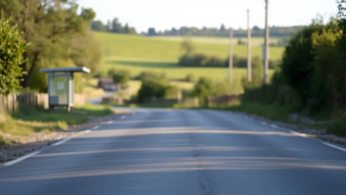 Imagen genérica de una carretera rural gallega con una marquesina de autobús.