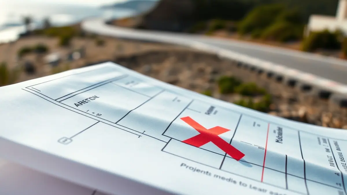 Imagen de un plano de obra con una 'X' roja, simbolizando un proyecto atrasado.