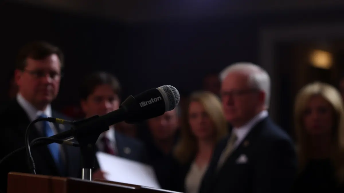 Imaxe xenérica dun micrófono nun atril, simbolizando unha denuncia pública ou declaración política.