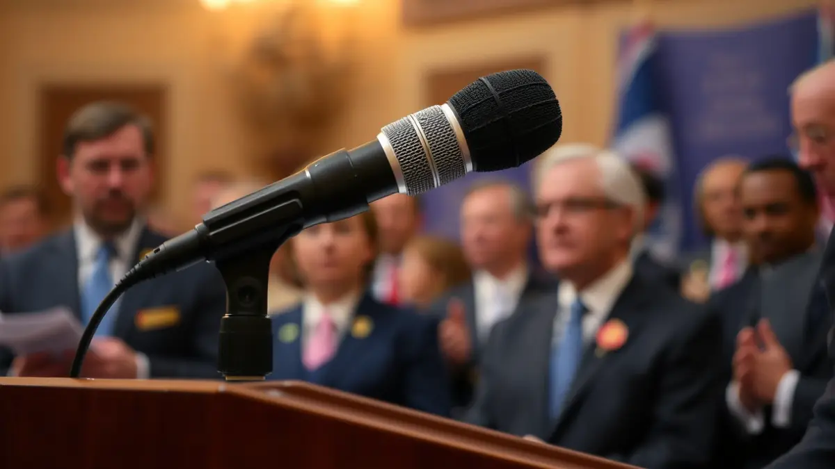 Imaxe xenérica dun micrófono nun podio, simbolizando unha intervención política.