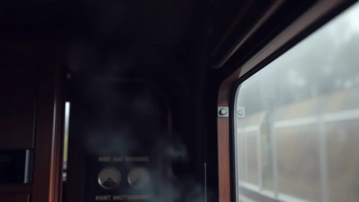 Imaxe dunha cabina de tren con sinais de fume.